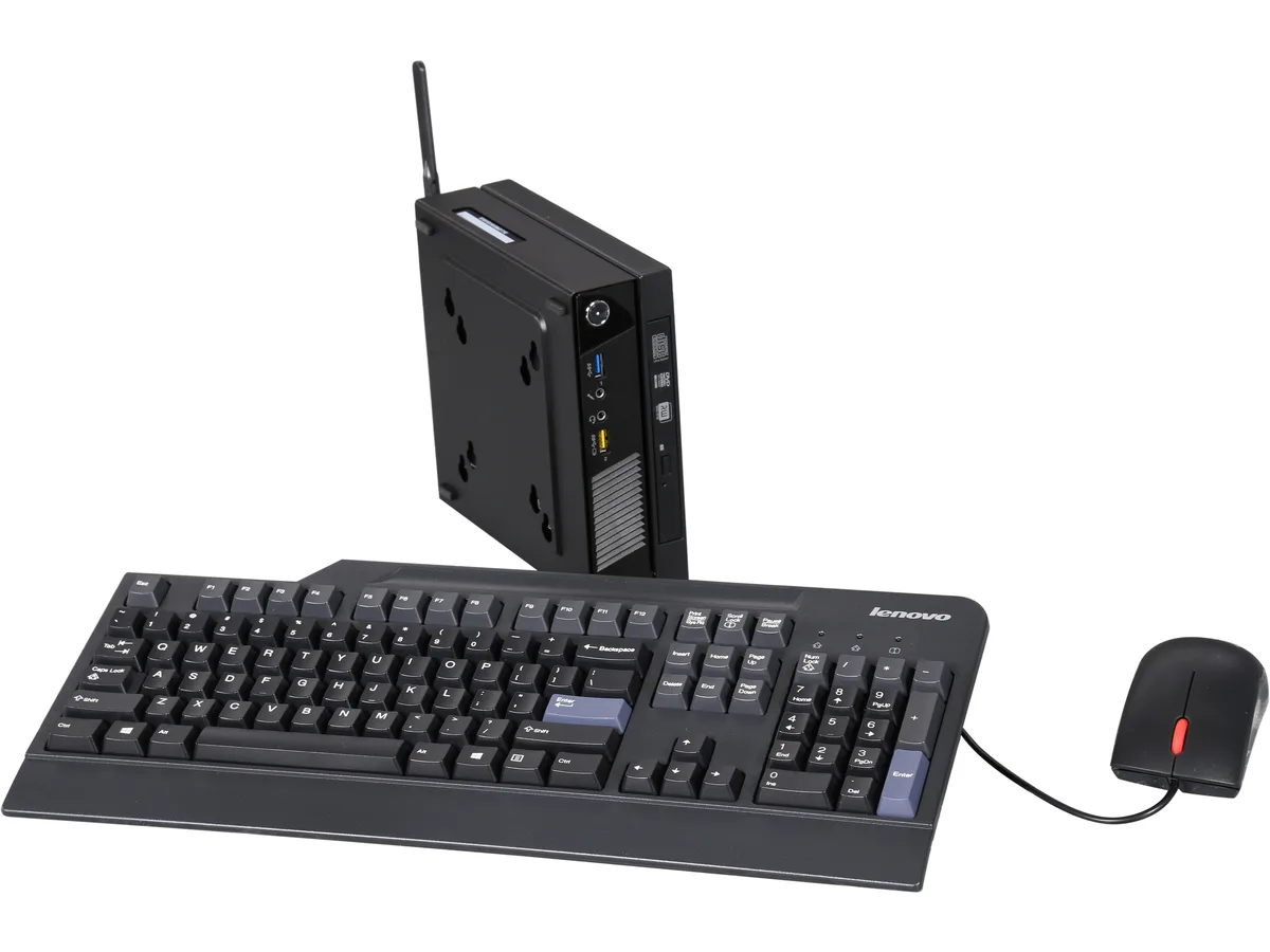 Small black Lenovo ThinkCentre Tiny desktop unit