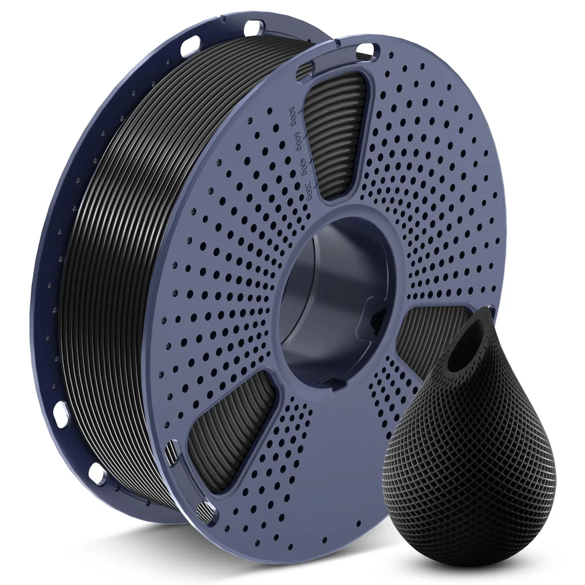 A black 1.75 mm PETG filament spool weighing 1 kg