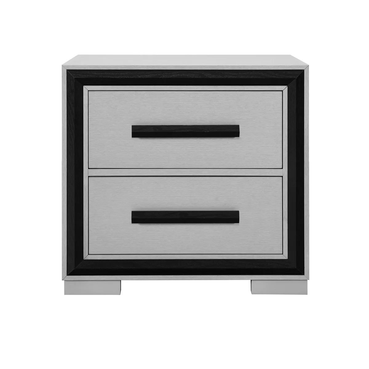 Grey and black bedroom set, solid wood and MDF, two drawers with black pulls, silver finish