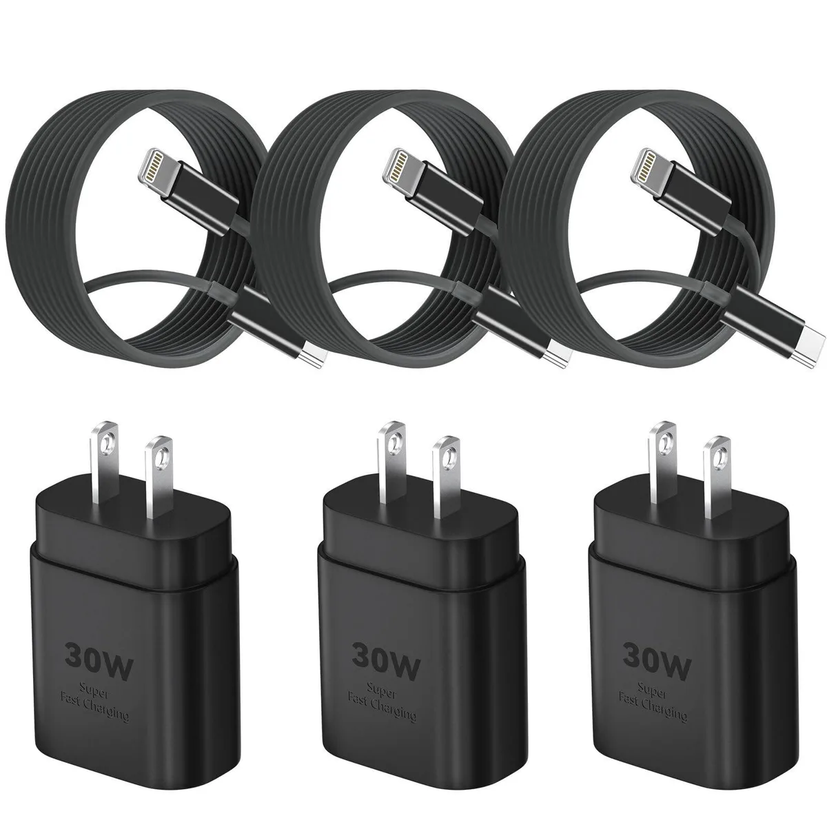 Black 30W USB-C wall charger with a 10ft USB-C to Lightning cable