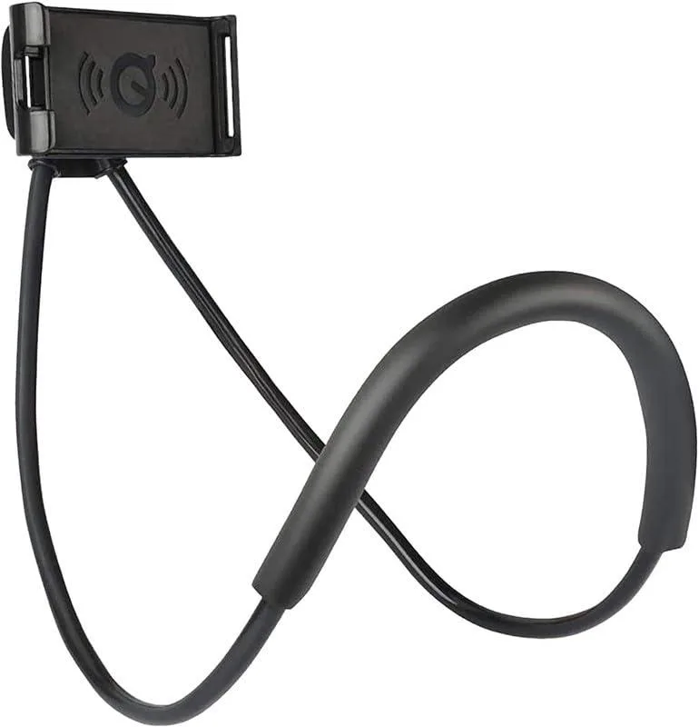 Black flexible gooseneck phone holder with rotating clamp for 4.7-6.7 inch devices