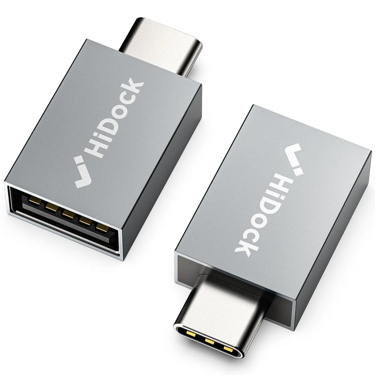 Two compact space-grey USB-C male to USB-A female adapters with slim aluminium bodies
