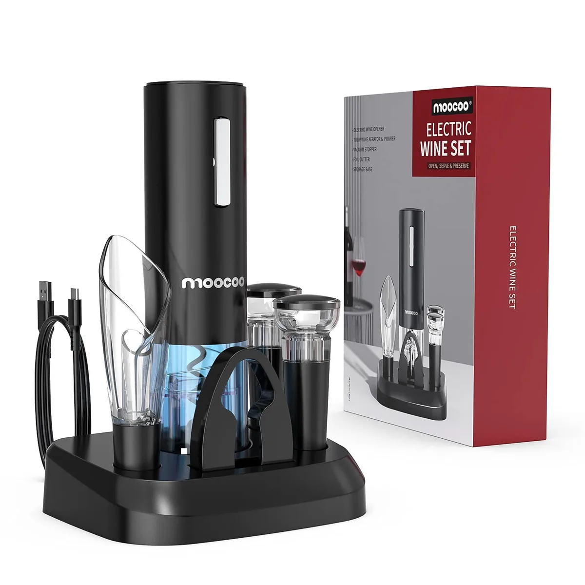 Black electric wine opener with charging base and accessories