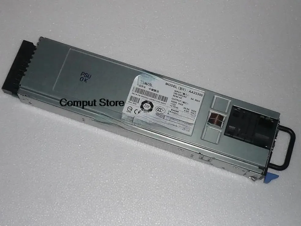 Rectangular silver server power supply unit with rear exhaust grille and power connector visible