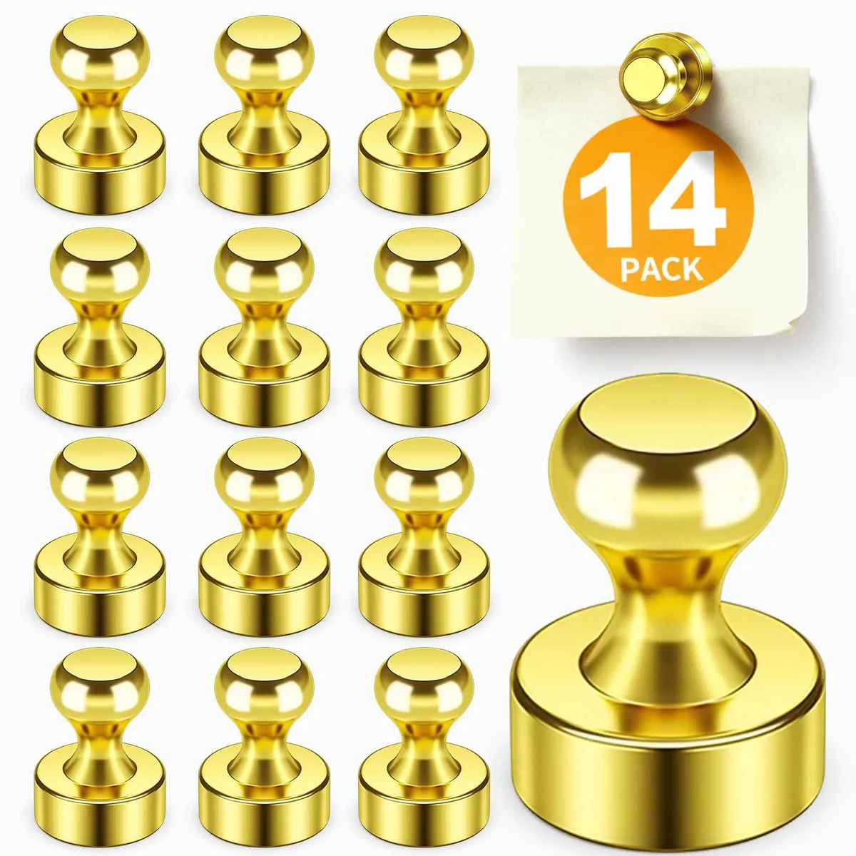 Fourteen small gold cylindrical magnets in a row