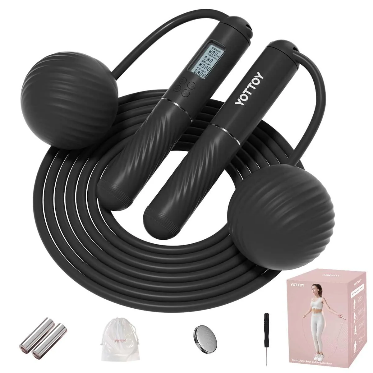 Black cordless jump rope with LCD counter and weighted balls