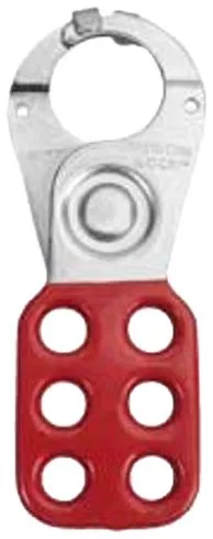 Red vinyl-coated steel lockout hasp with scissor-action interlocking tabs for up to six padlocks