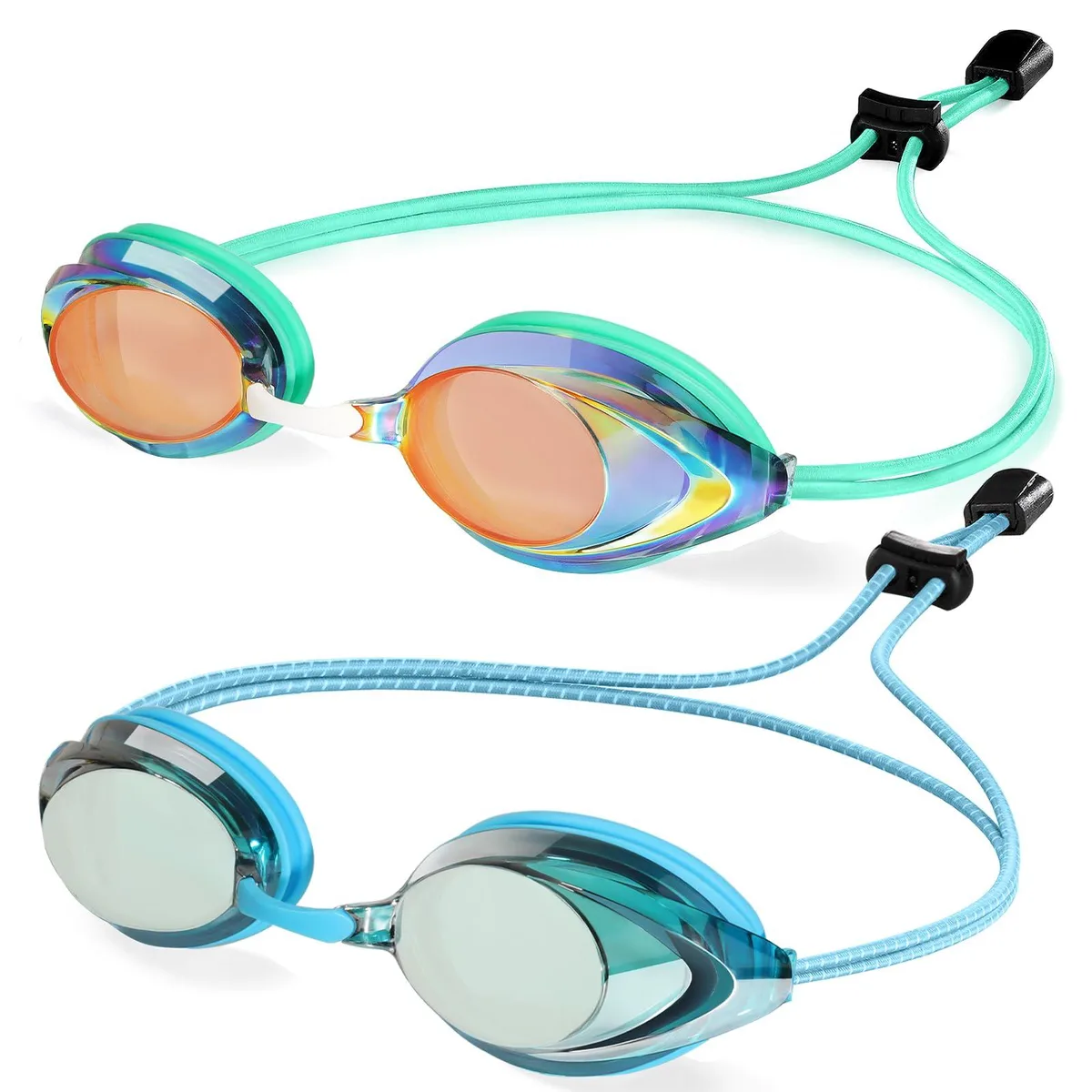 Blue swim goggles with bungee strap and polycarbonate lenses