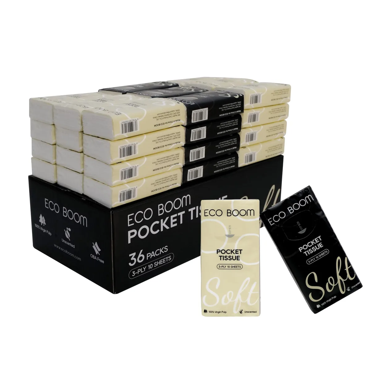 White rectangular box containing 36 pocket tissue packs