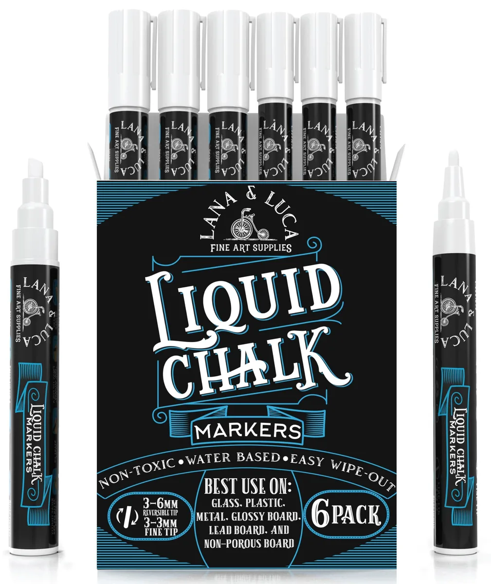 Liquid Chalk Marker Pen White 6 Pack Reversible Fine Tip — product photo