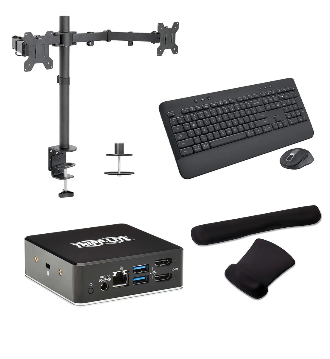 Tripp Lite Tripp Lite USB-C Dock 85W Dual HDMI 4K 60Hz MK650 Keyboard Mouse Dual Monitor Stand Gel Wrist Rest — product photo