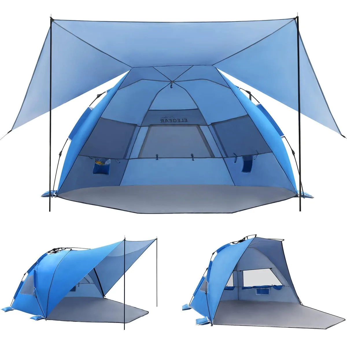 Blue pop-up beach tent with white fiberglass frame, removable 360-degree canopy, zippered panels, and carry bag