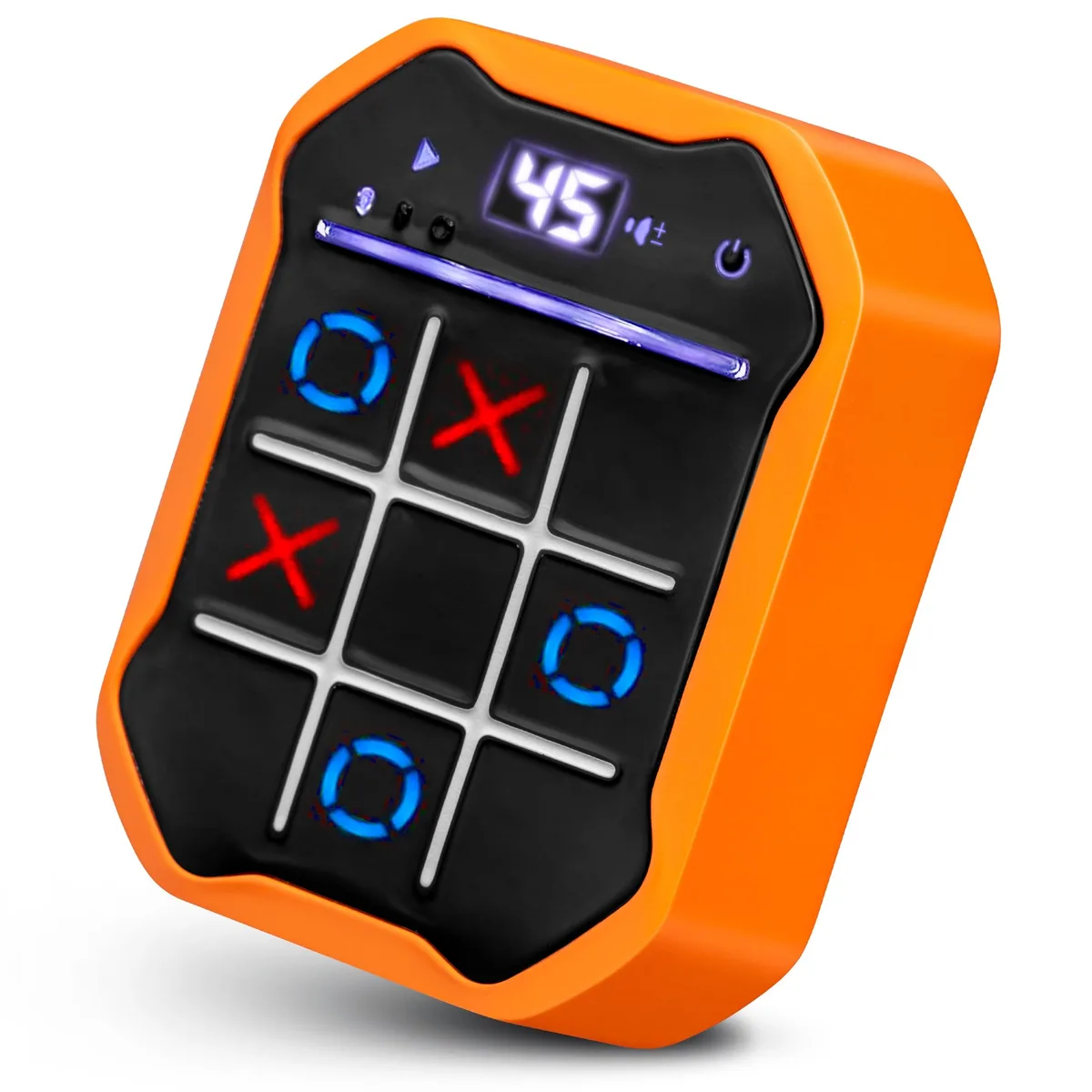Orange rectangular handheld game with touchscreen grid display and score window