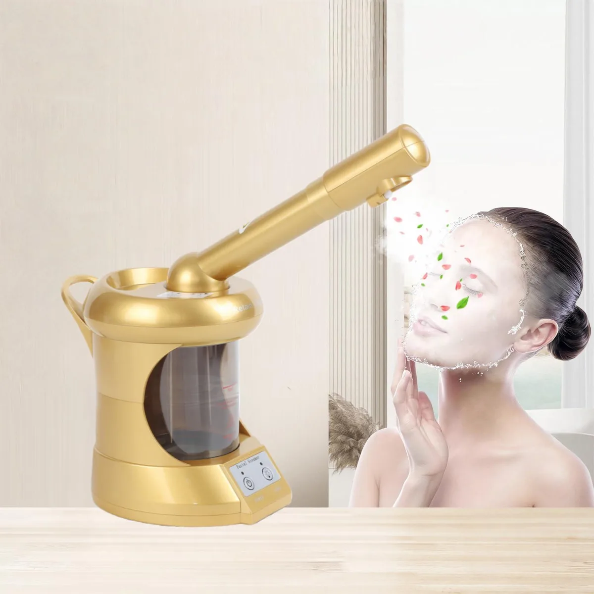 Gold tabletop facial steamer with extendable nozzle, compact rectangular shape, glossy finish