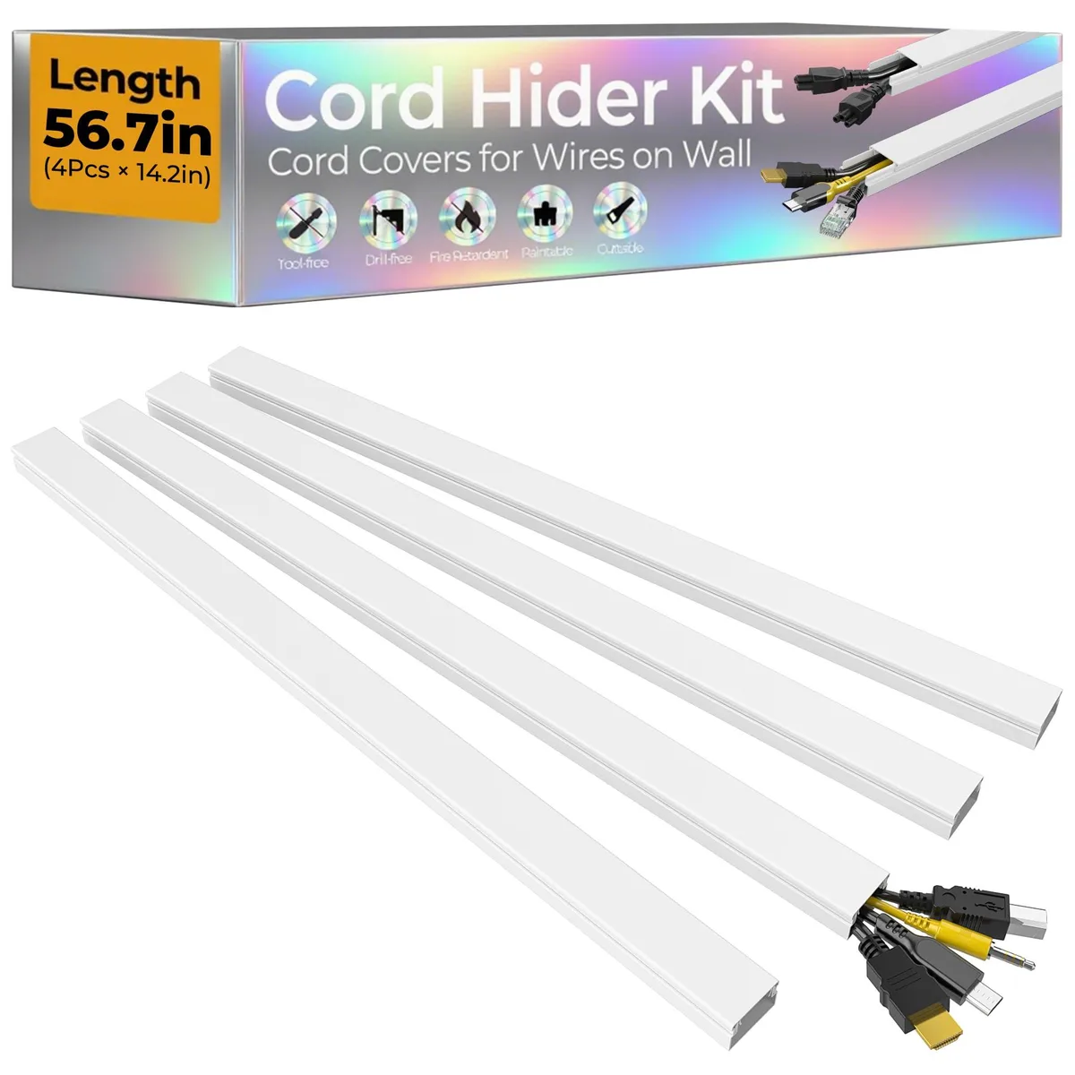 Wuitaouy 56.7in Cord Cover Raceway White 0.95x0.55in — product photo