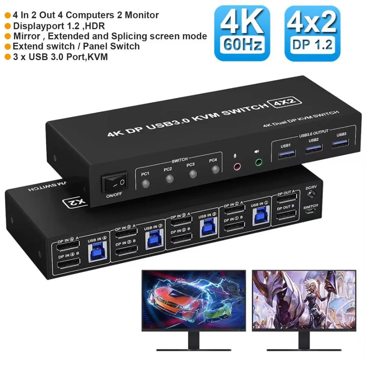 IHDAPP IHDAPP 4×2 DisplayPort KVM Switch 4K@60Hz USB 3.0 3 ports — product photo