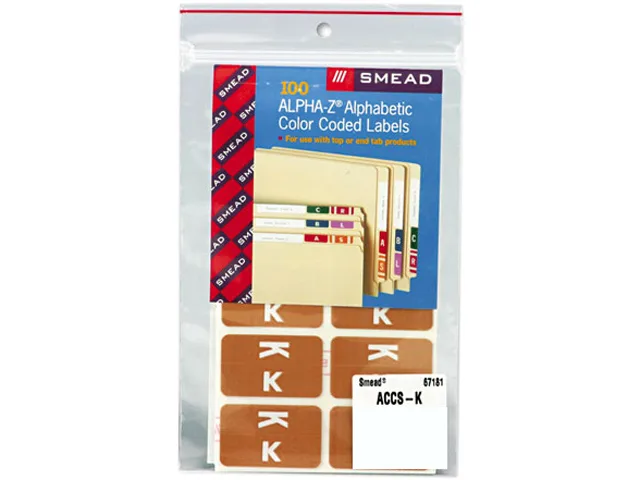 Rectangular light brown labels on a sheet, letter K printed in colour, 100 labels per pack