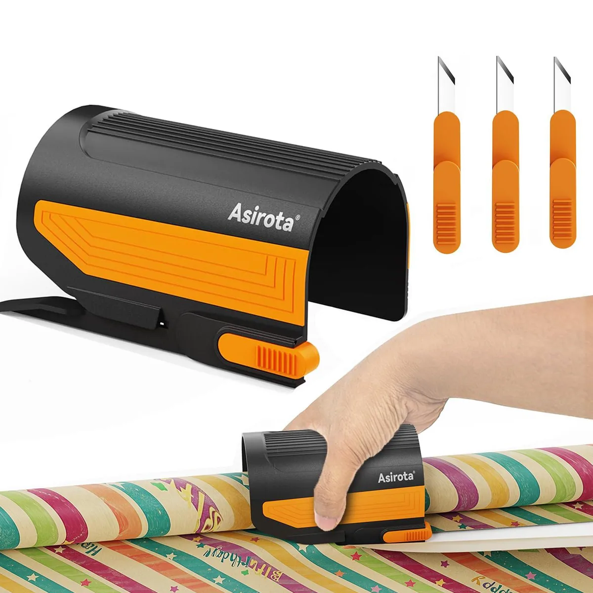 Black ABS and silicone U-shaped paper trimmer with slider blade and three replaceable blades