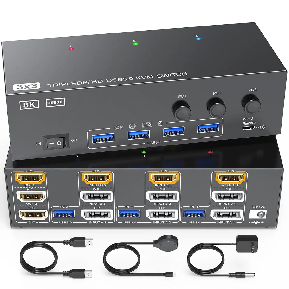 Hitoor Hitoor 8K HDMI + 2 DisplayPort KVM Switch 3 Monitors 3 Computers — product photo