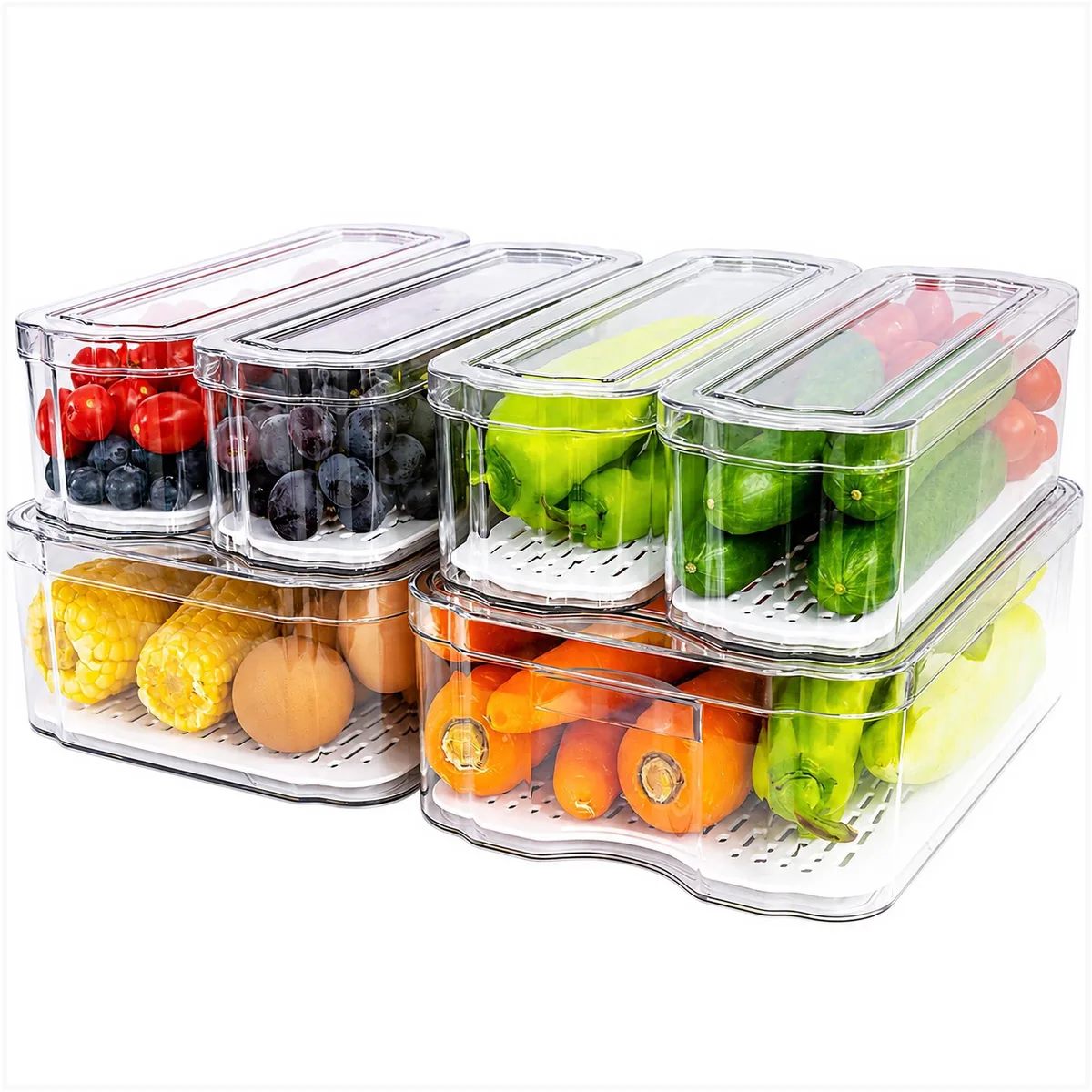 Six clear plastic bins with drain trays and snap lids, two large and four medium, stackable