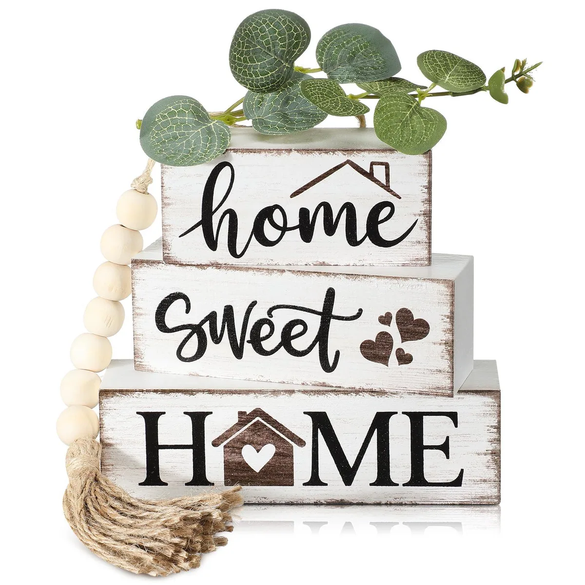 Five-piece rustic wooden table decor set with block signs bead garland and faux eucalyptus leaves