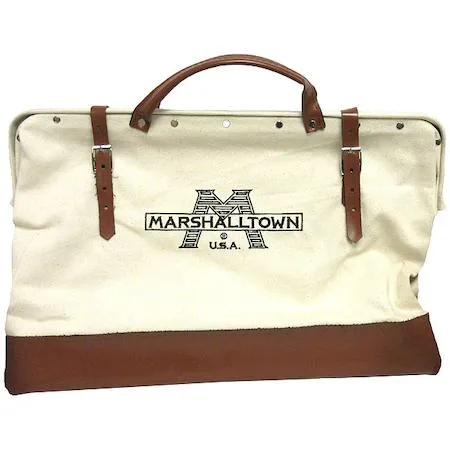 Brown and white canvas tool bag rectangular shape buckle closure reinforced bottom one interior pocket
