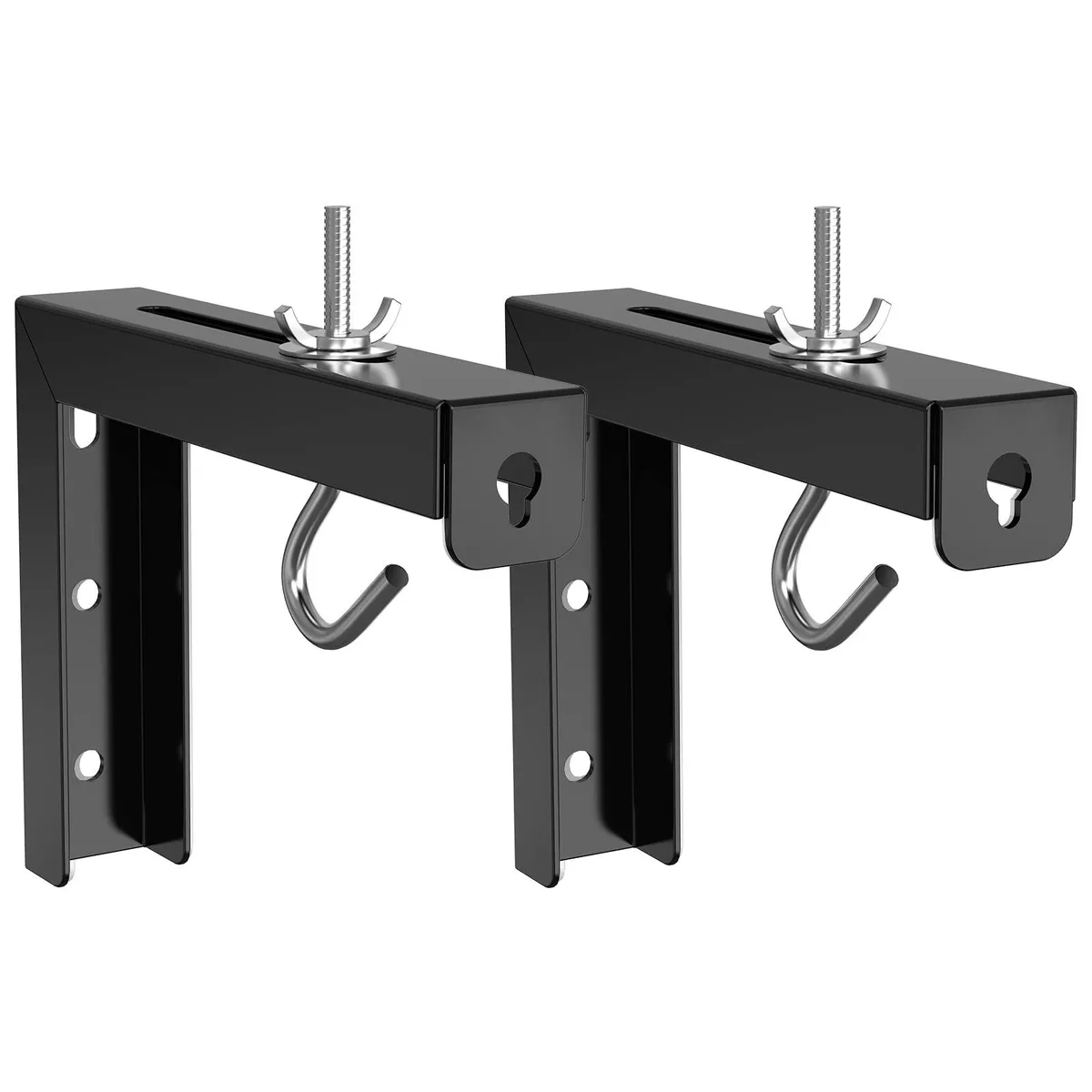 Two black steel L-brackets with adjustable hooks, ceiling-mount projector screen hardware