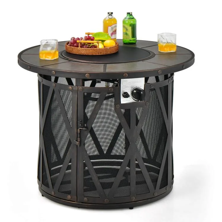 Black 32-inch round fire pit table with ceramic tile top and metal frame