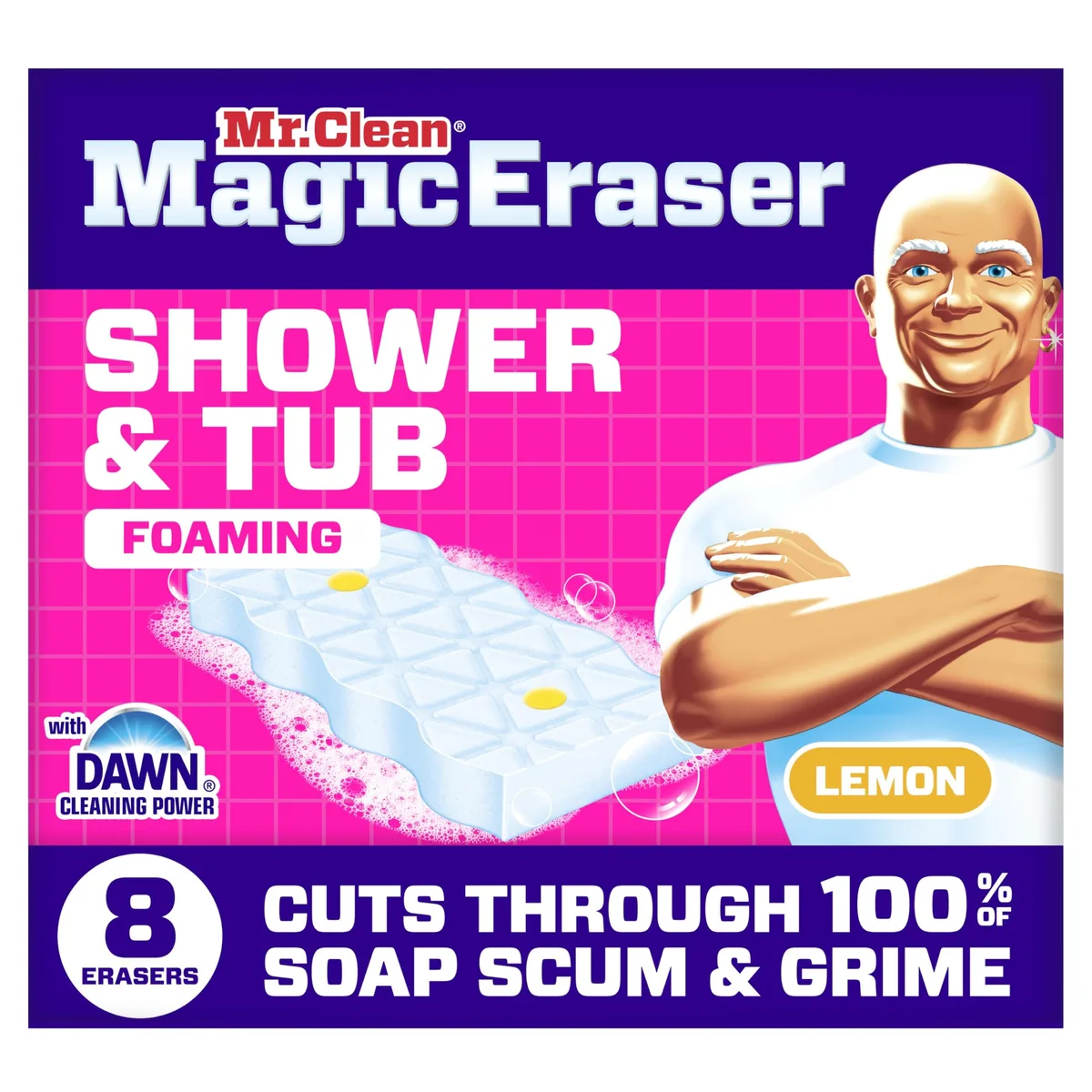 White rectangular foam cleaning sponges in an eight-count pack, lemon scented, water-activated micro-scrubbers