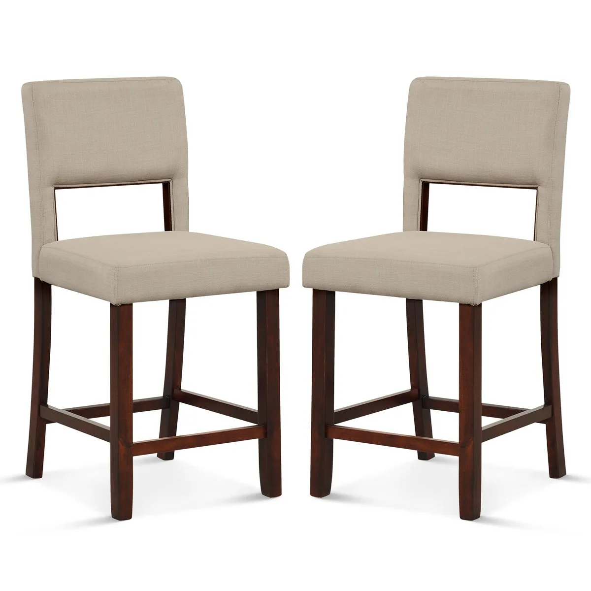 Two beige barstools with hollowed linen backs, rubber wood legs and footrests