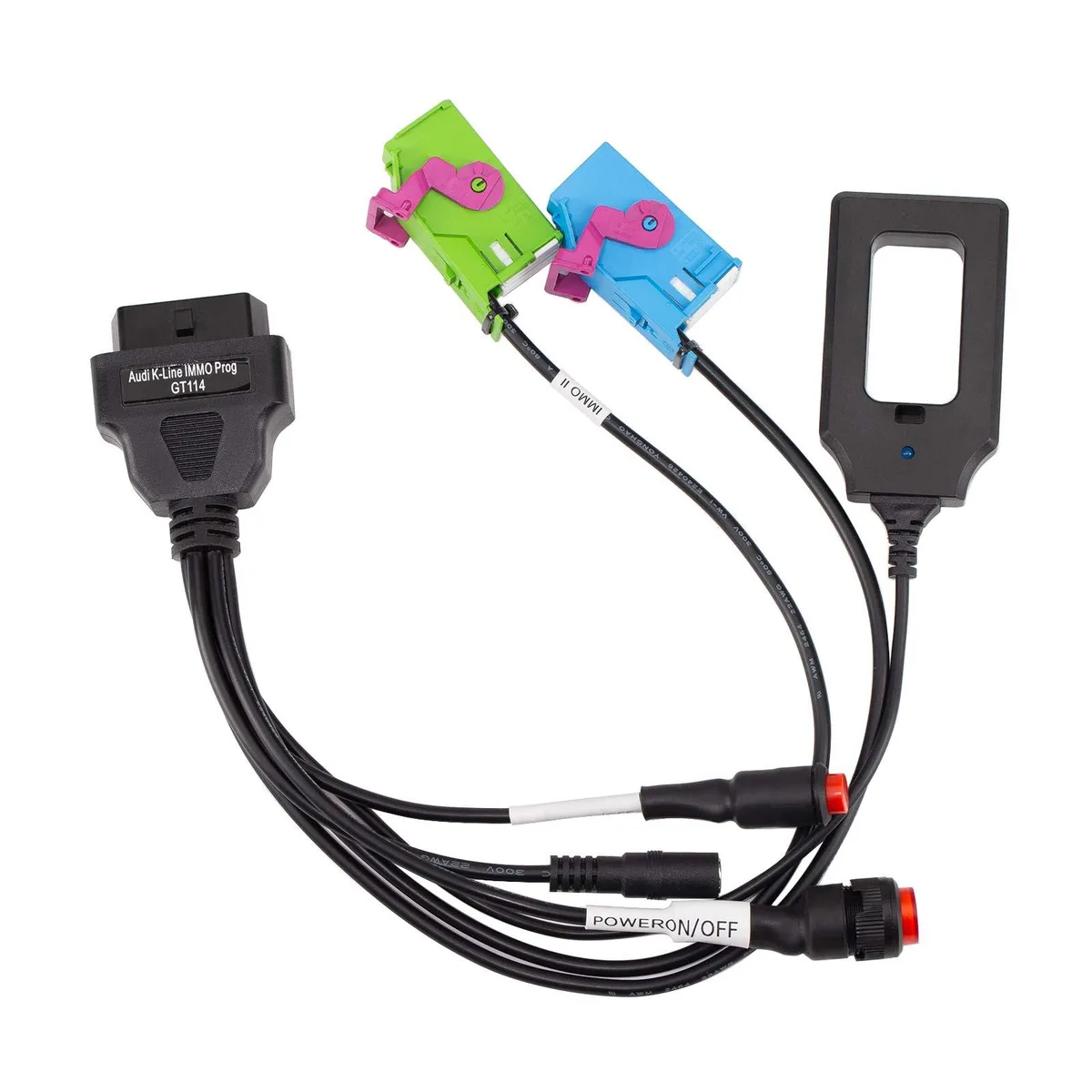 Black diagnostic cable with grey connectors and green circuit board, includes key induction adapter with LED indicator