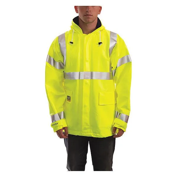 Lime arc-flash rain jacket with reflective tape and zipper