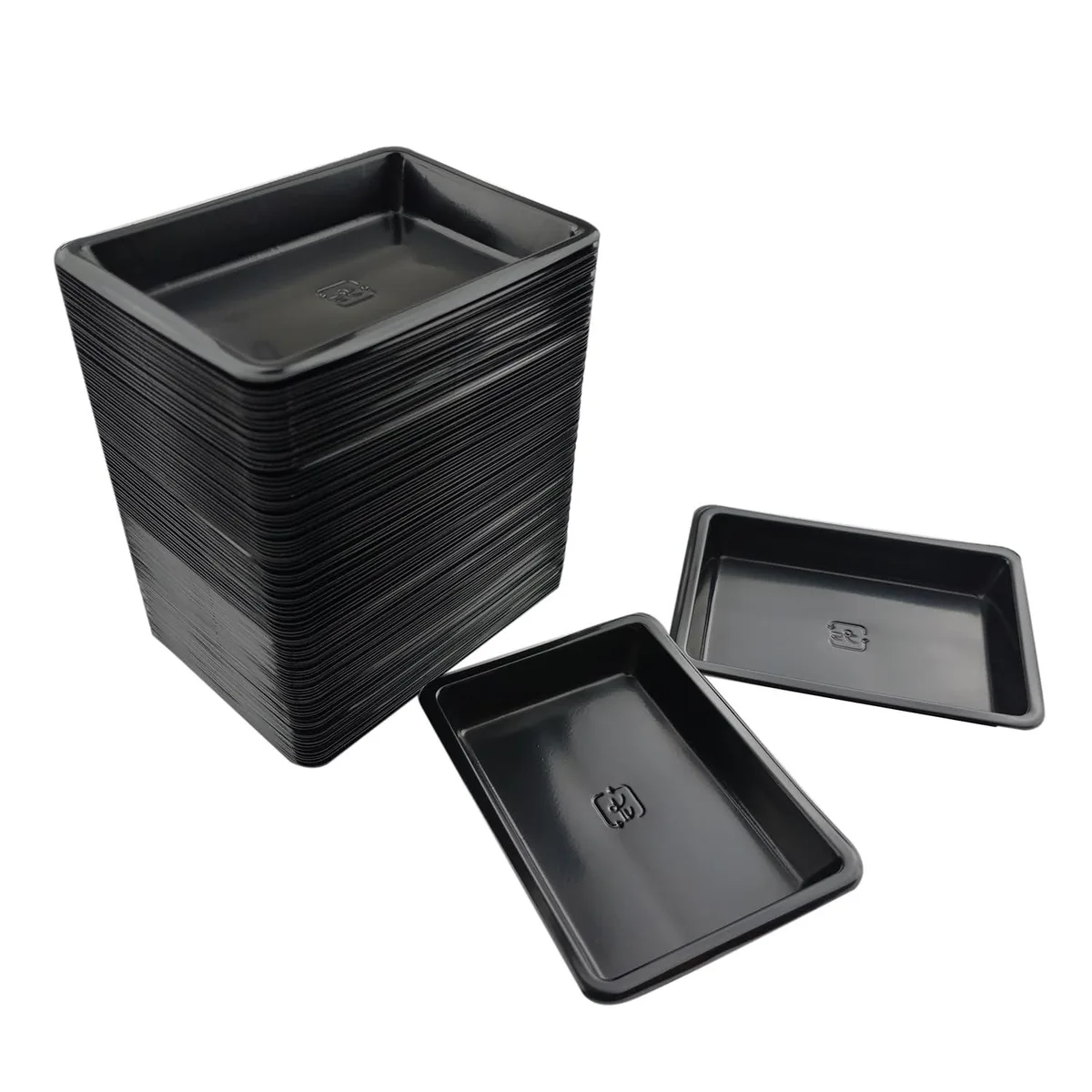 Stack of 100 black rectangular plastic sauce dishes 2.95 by 2.17 inches
