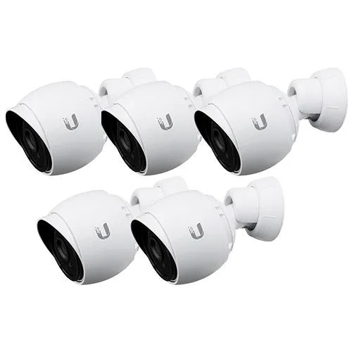 Five bullet cameras in white cylindrical housings with mounting brackets
