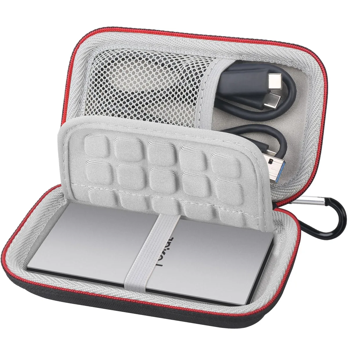 Black hard-shell carrying case with wrist strap and carabiner, semi-waterproof fabric, mesh pocket inside