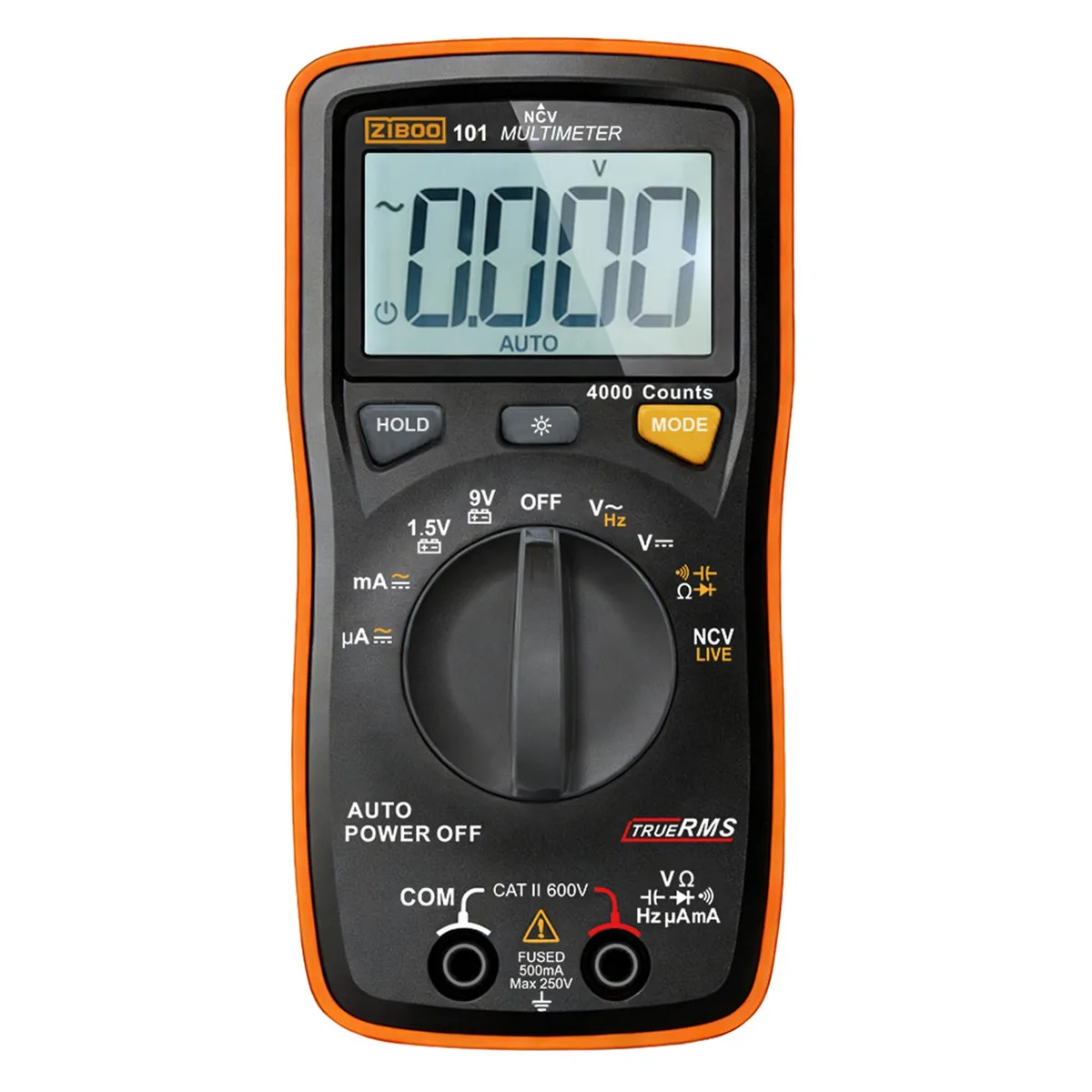 Compact orange multimeter with LCD screen and test leads