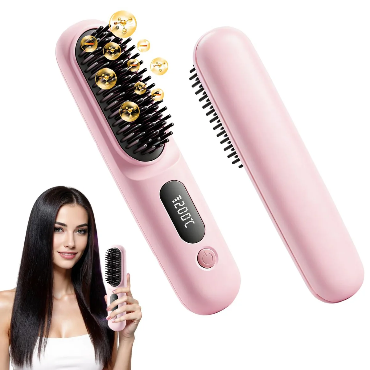 Cordless straightening brush with 79 teeth, ionic bristles, USB-C charging