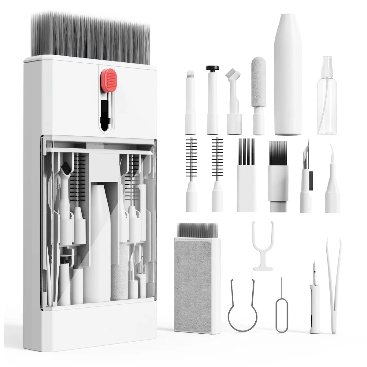 A 22-in-1 cleaning kit in plastic with brushes, tools and sprayer
