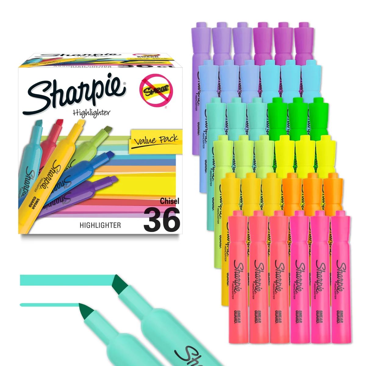 Box of 36 Sharpie Tank highlighters in 12 assorted colors with chisel tips