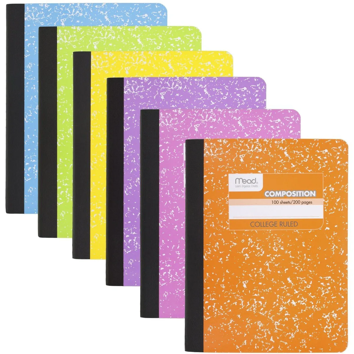 Six college-ruled composition notebooks in assorted bright colors, sewn binding, 7.5 by 9.75 inches