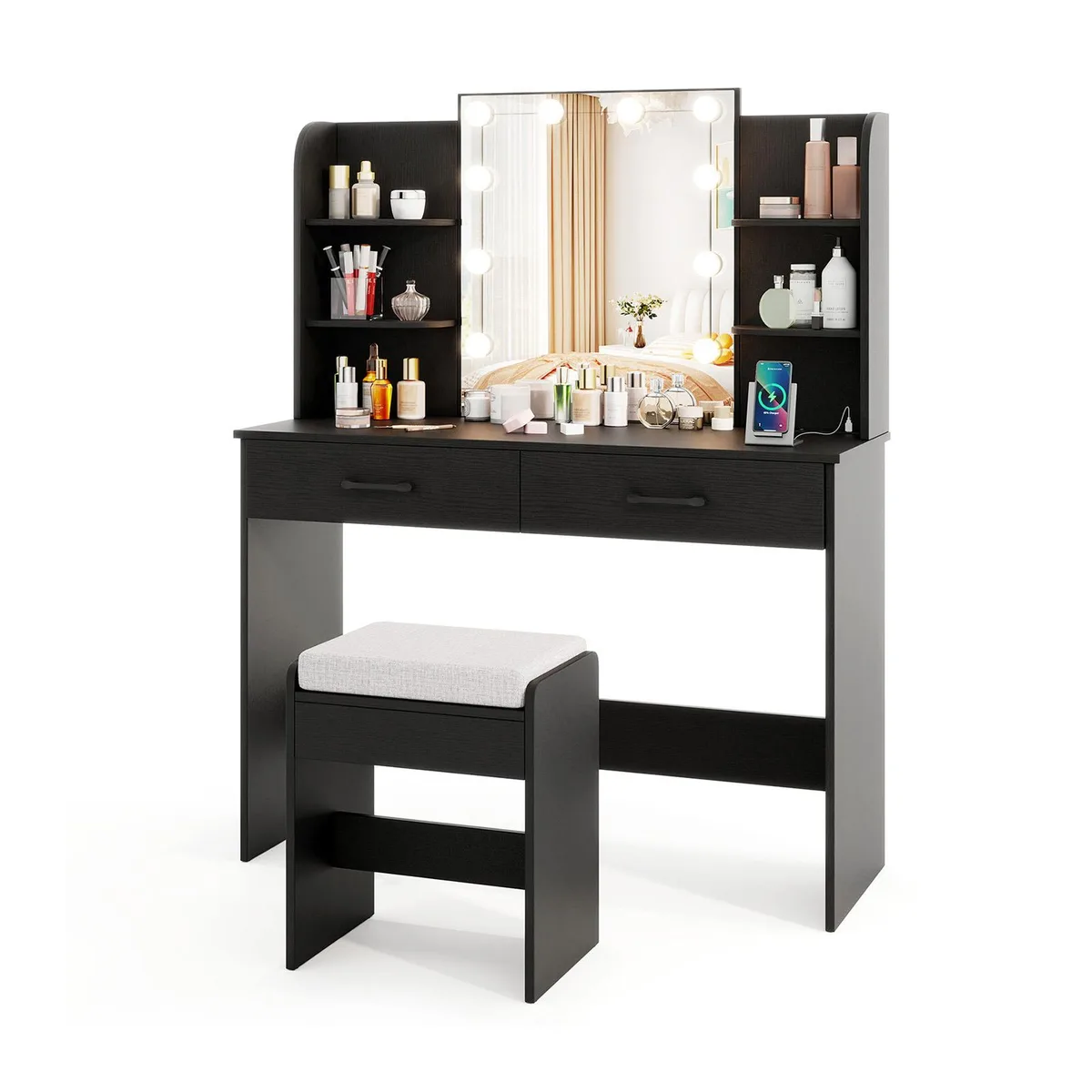 Black and white vanity desk with lighted mirror, padded stool, open shelves and drawers