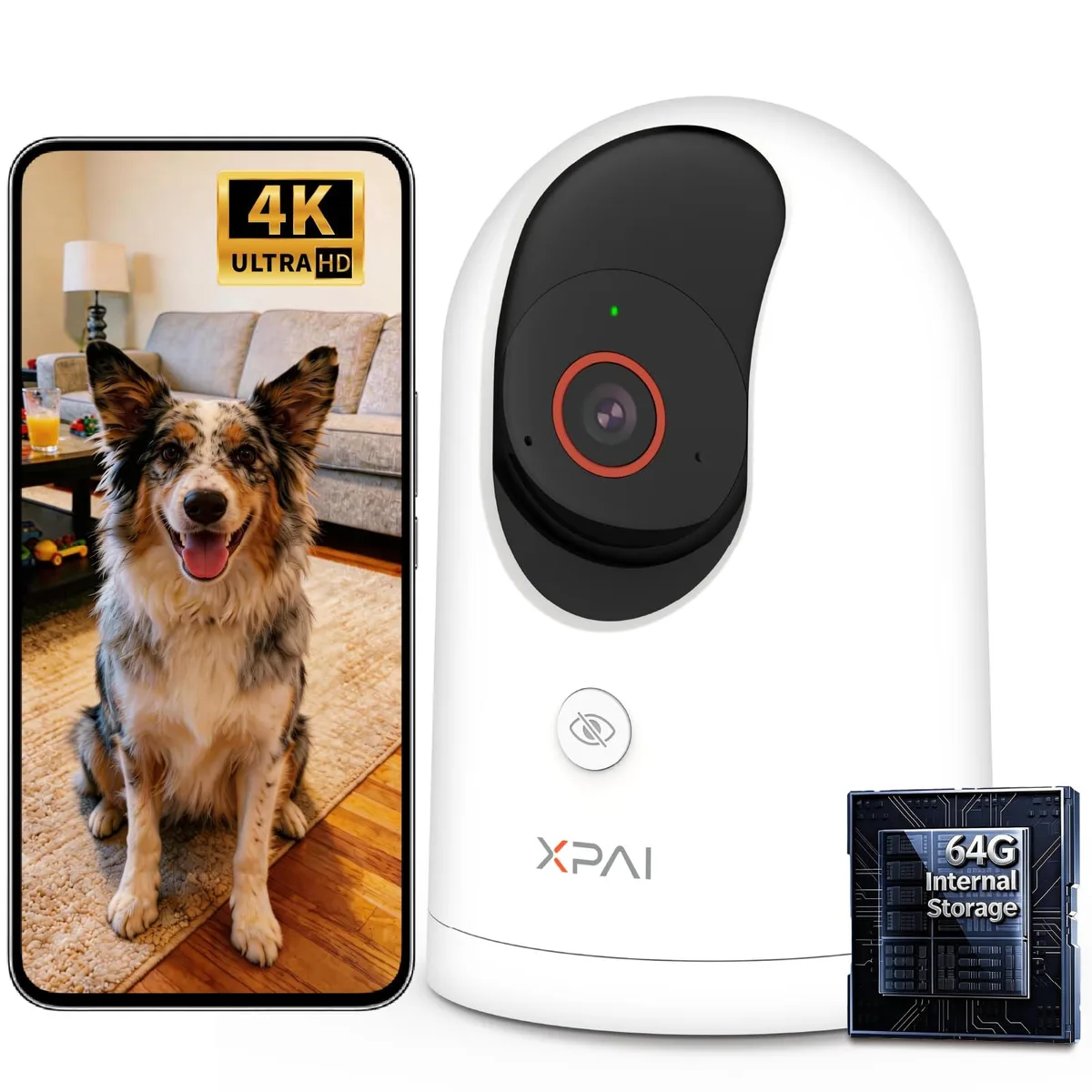 White indoor camera with 360° pan-tilt base and built-in 64GB storage