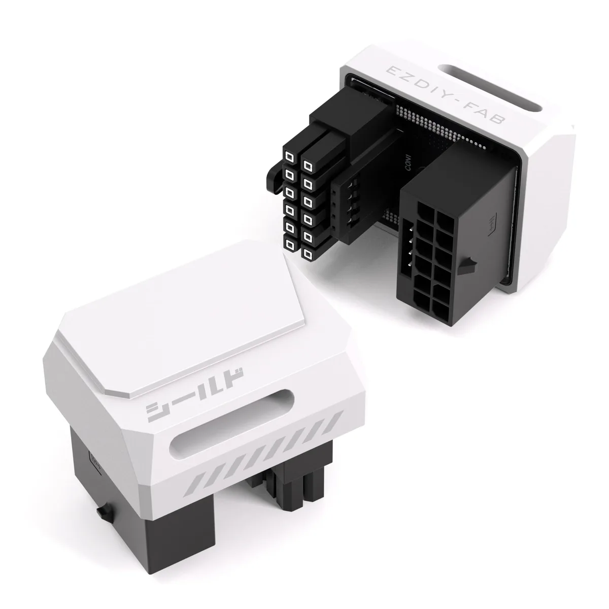 White 12VHPWR GPU power adapter with 180° right-angle connector and aluminium shield housing