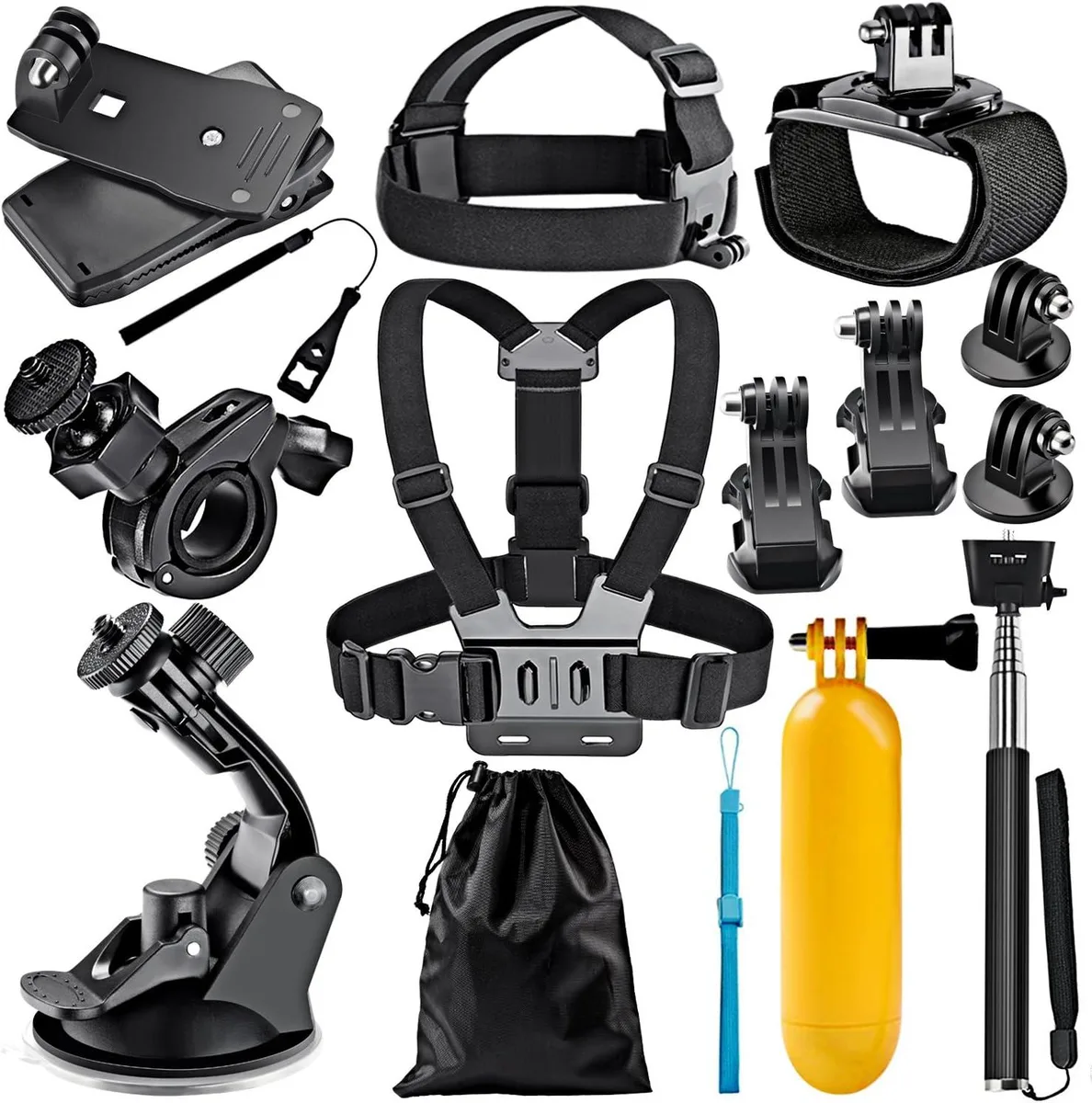 Black 12-piece action camera kit with selfie pole, head strap, chest harness, wrist mount, bike mount and floating grip