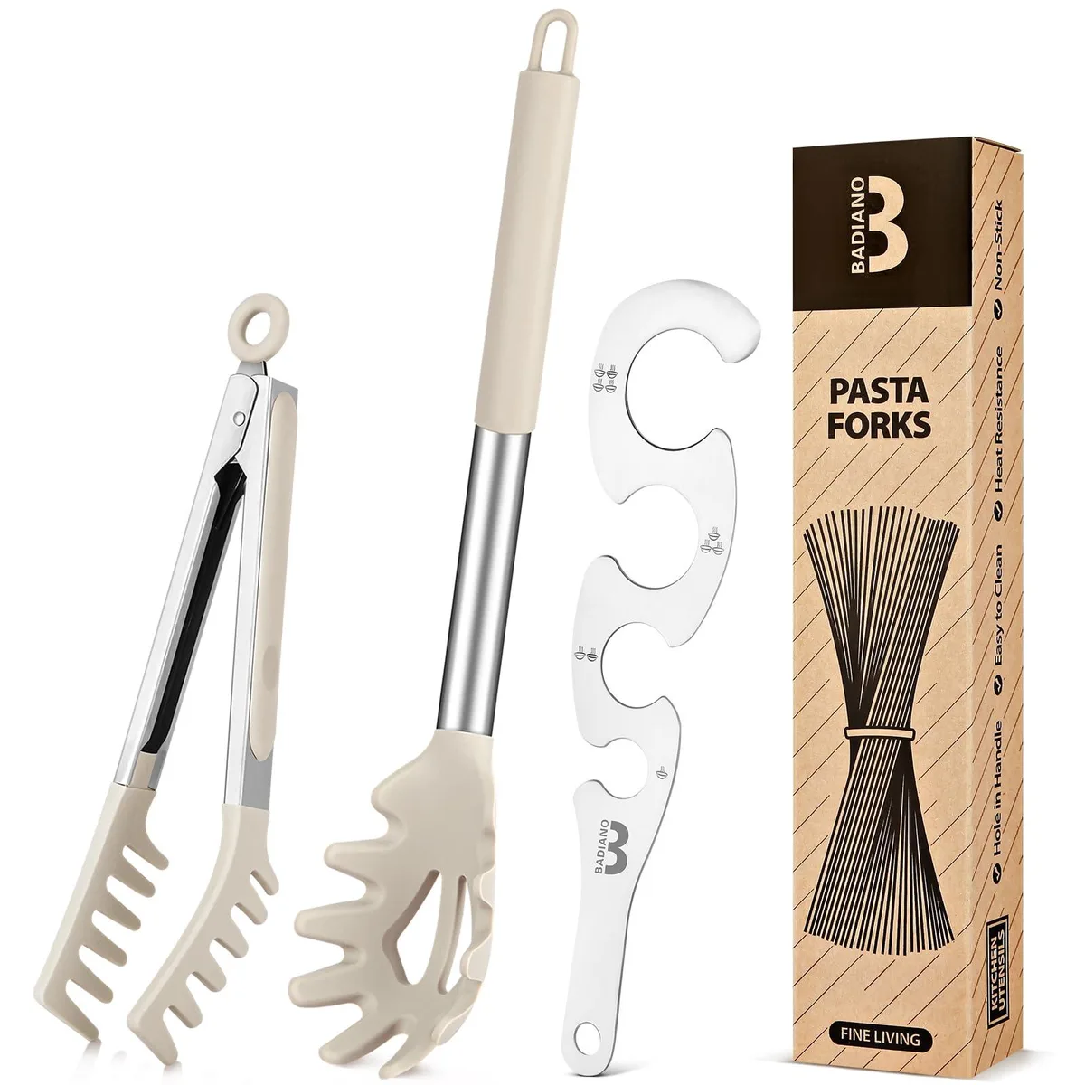 Three-piece khaki pasta utensil set with silicone and stainless steel