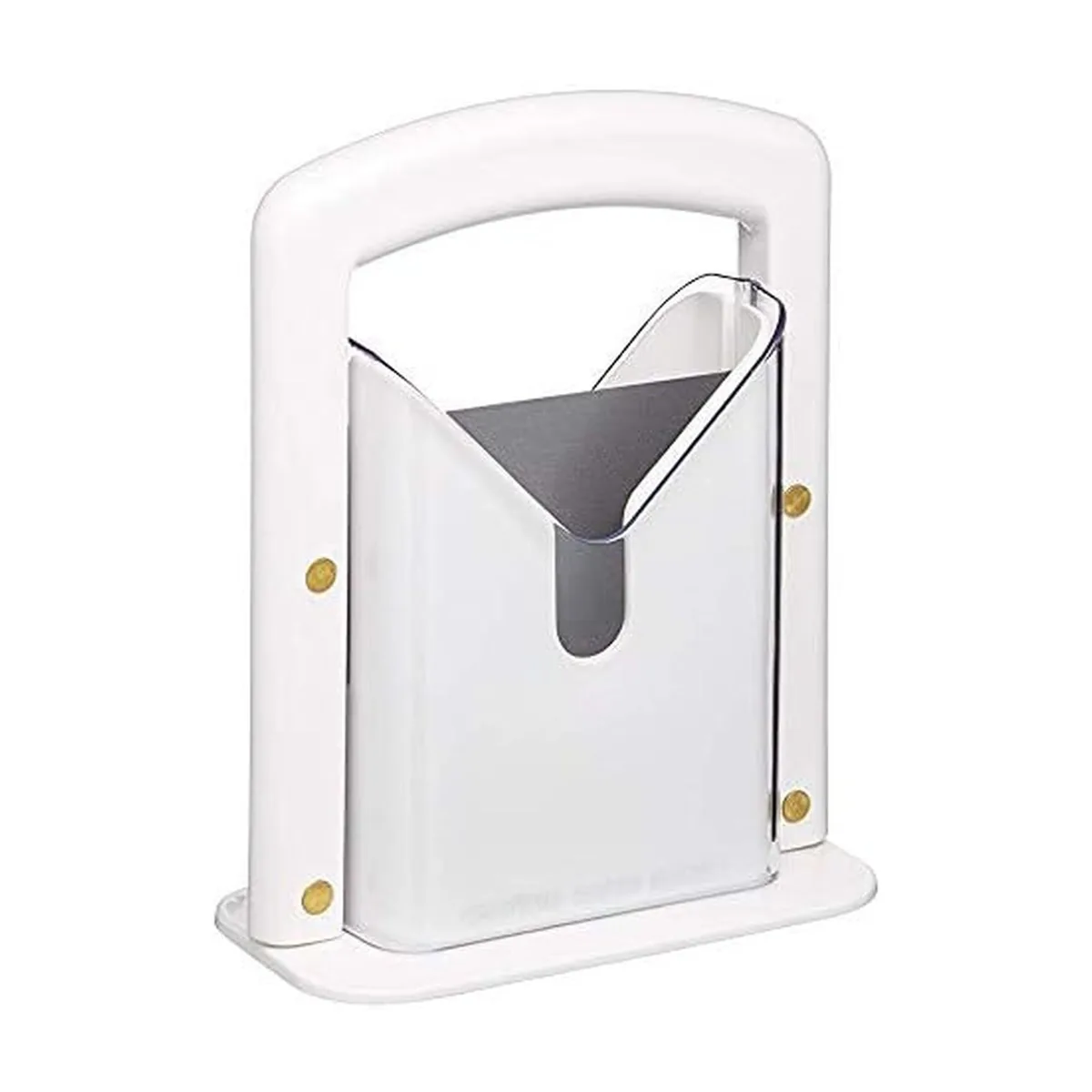White plastic bagel slicer with clear acrylic guard and stainless blade, triangular shape, 9.25 inches tall