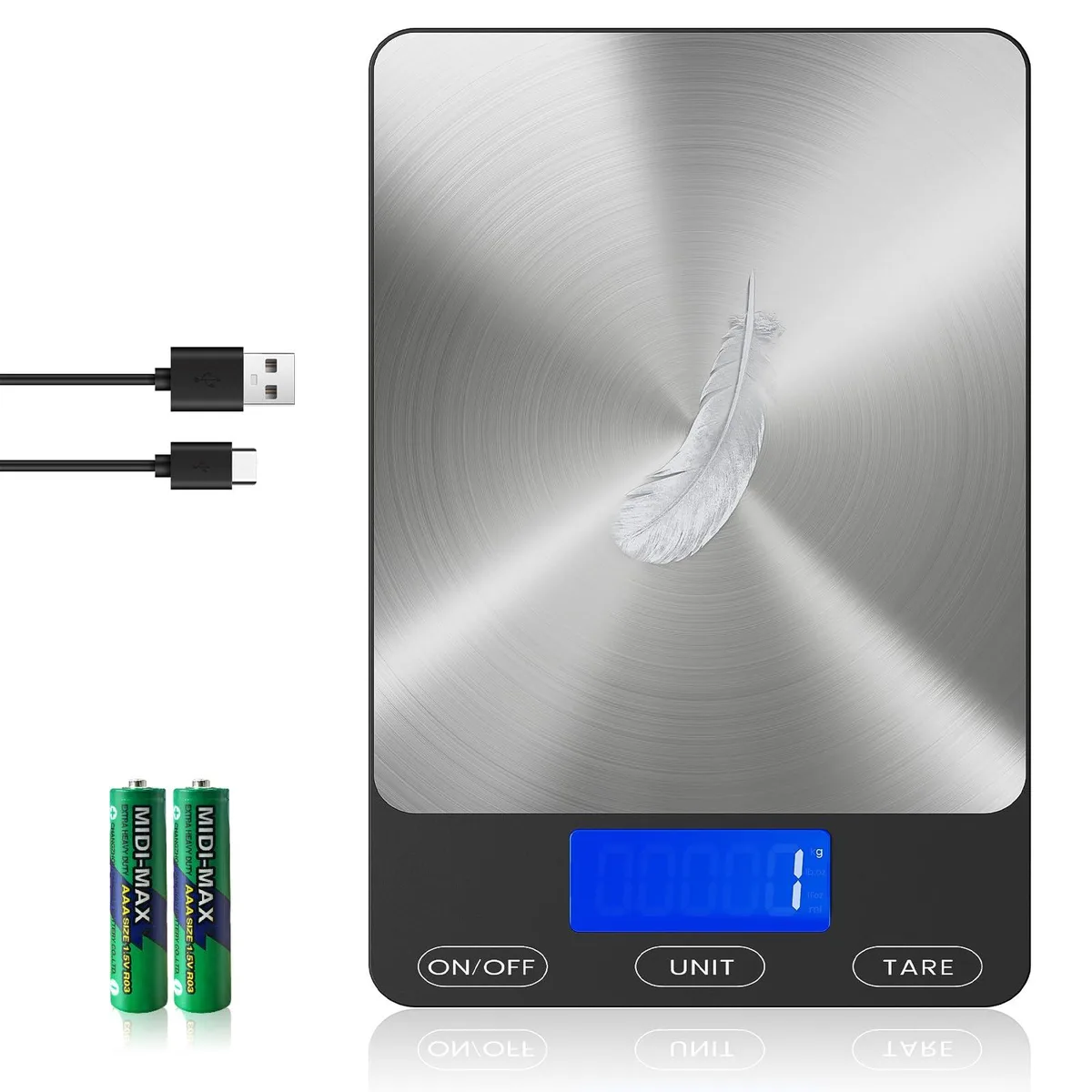 Yellow rectangular digital kitchen scale with stainless steel weighing platform and LCD display