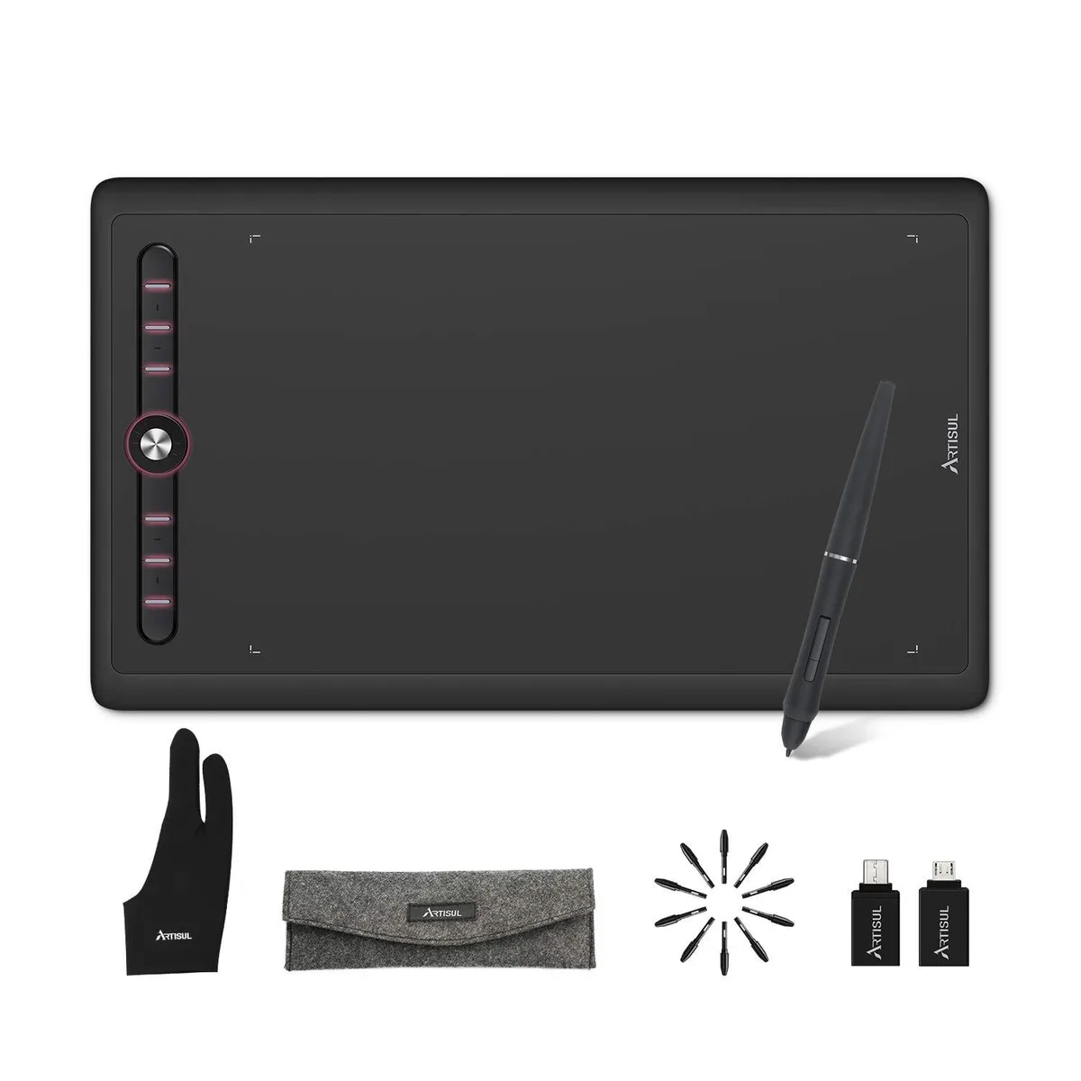 Thin 10 by 6.25 inch graphics tablet with stylus and eight hotkeys