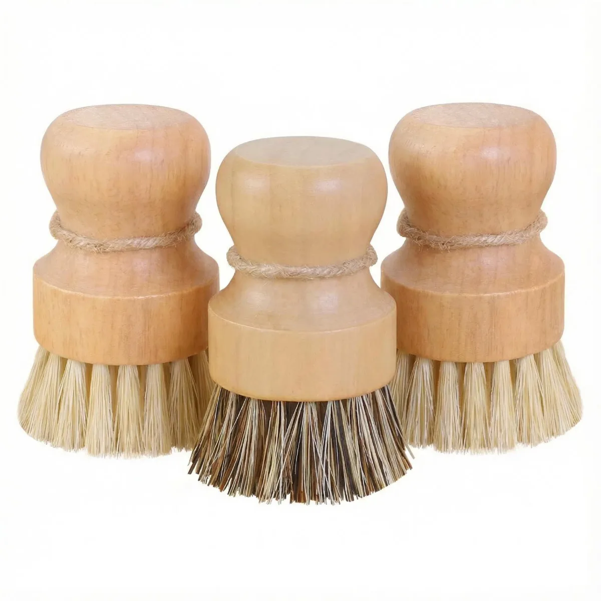 Three wooden-handled scrub brushes with natural bristles in light and dark brown