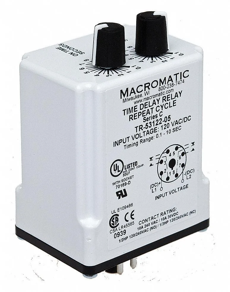 Macromatic TR-55126-05 octal plug-in relay, enclosed grey housing, eight flat pins